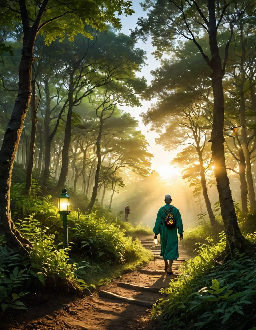 A serene landscape depicting a patient journey, showcasing a path winding through a lush green forest symbolizing healing and growth, with a supportive figure guiding a patient holding a glowing lantern, representing hope and education. In the background, a sunrise illuminates the sky, symbolizing the transition from diagnosis to remission, connecting to themes of empowerment and advocacy. super-realistic. vibrant colors. soft focus.